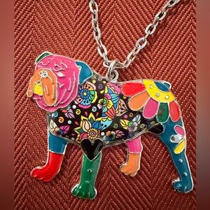 Colorful Floral Bulldog Pendant Necklace - Multicolor
